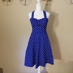 Blue and White Polka Dot Halter Dress Cinched Elastic Back Dress Size S